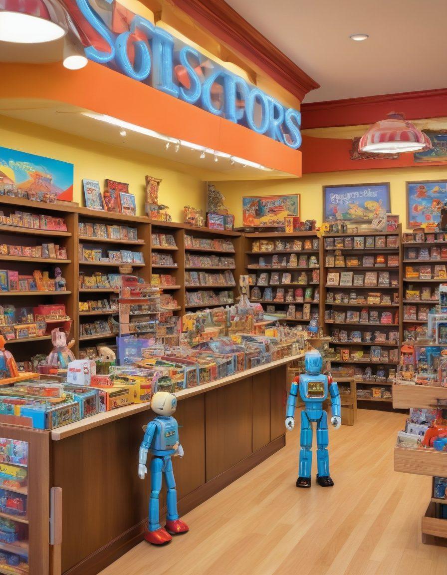 A whimsical toy store with colorful aisles, brimming with both classic wooden toys, vintage action figures, and the latest high-tech robots. Children and parents marvel at the diverse collection displayed on meticulously decorated shelves. A cashier with a big smile stands behind the counter, ready to assist. A charming storefront with a playful sign reads 'Smith Toy Store.' vibrant colors. comic book style.