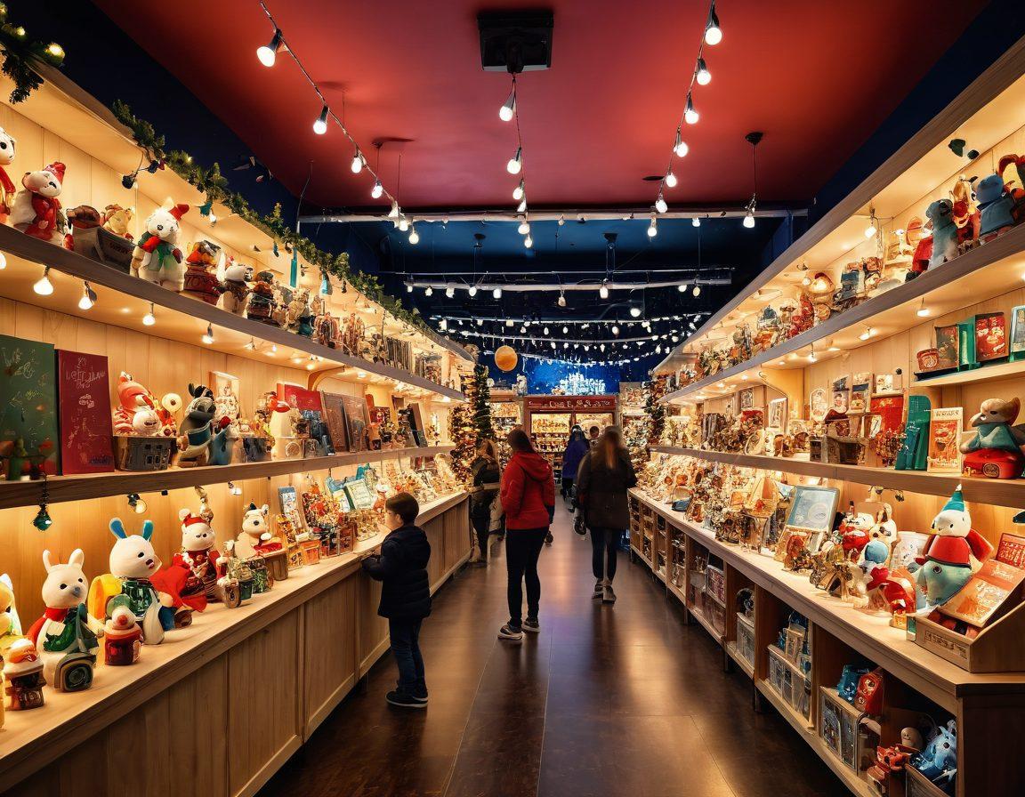 A whimsical toy store scene filled with colorful, unique gifts and educational toys displayed on shelves and tables. One section should showcase festive holiday specials with twinkling lights and decorations. Children and parents are joyfully exploring and interacting with the toys. The overall mood is magical and inviting. vibrant colors, cartoon style, warm lighting.