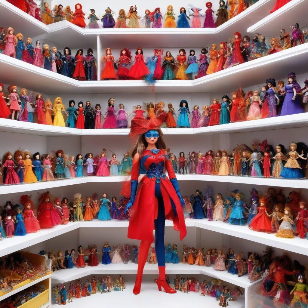 A vibrant and whimsical toy store scene featuring an array of colorful dolls and action figures, each with distinctive and imaginative designs. The dolls should be dressed in diverse costumes, while the action figures exhibit dynamic and heroic poses. Shelves in the background should be filled with various playthings, sparking excitement and creativity. super-realistic. vibrant colors. white background.